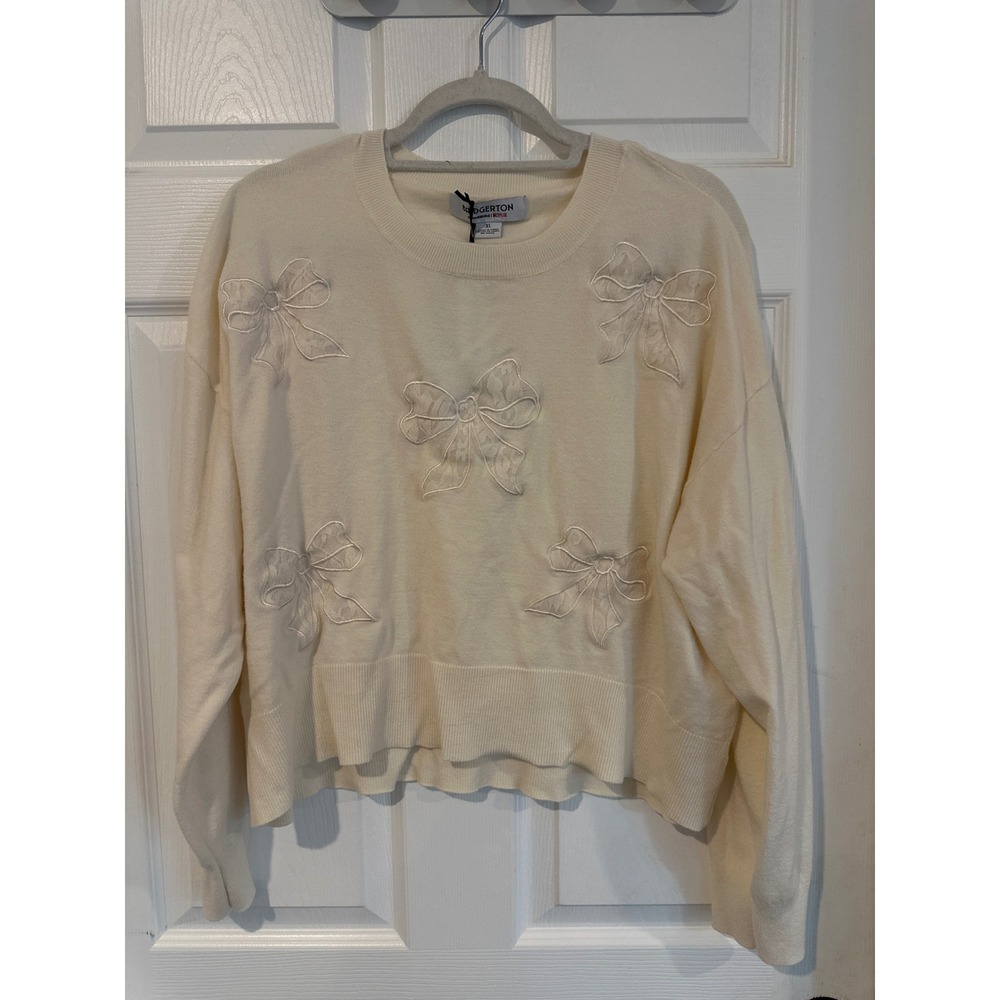 Bridgerton Netflix Cream Lace Bow Applique Sweater XL BRIR002A Regencycore